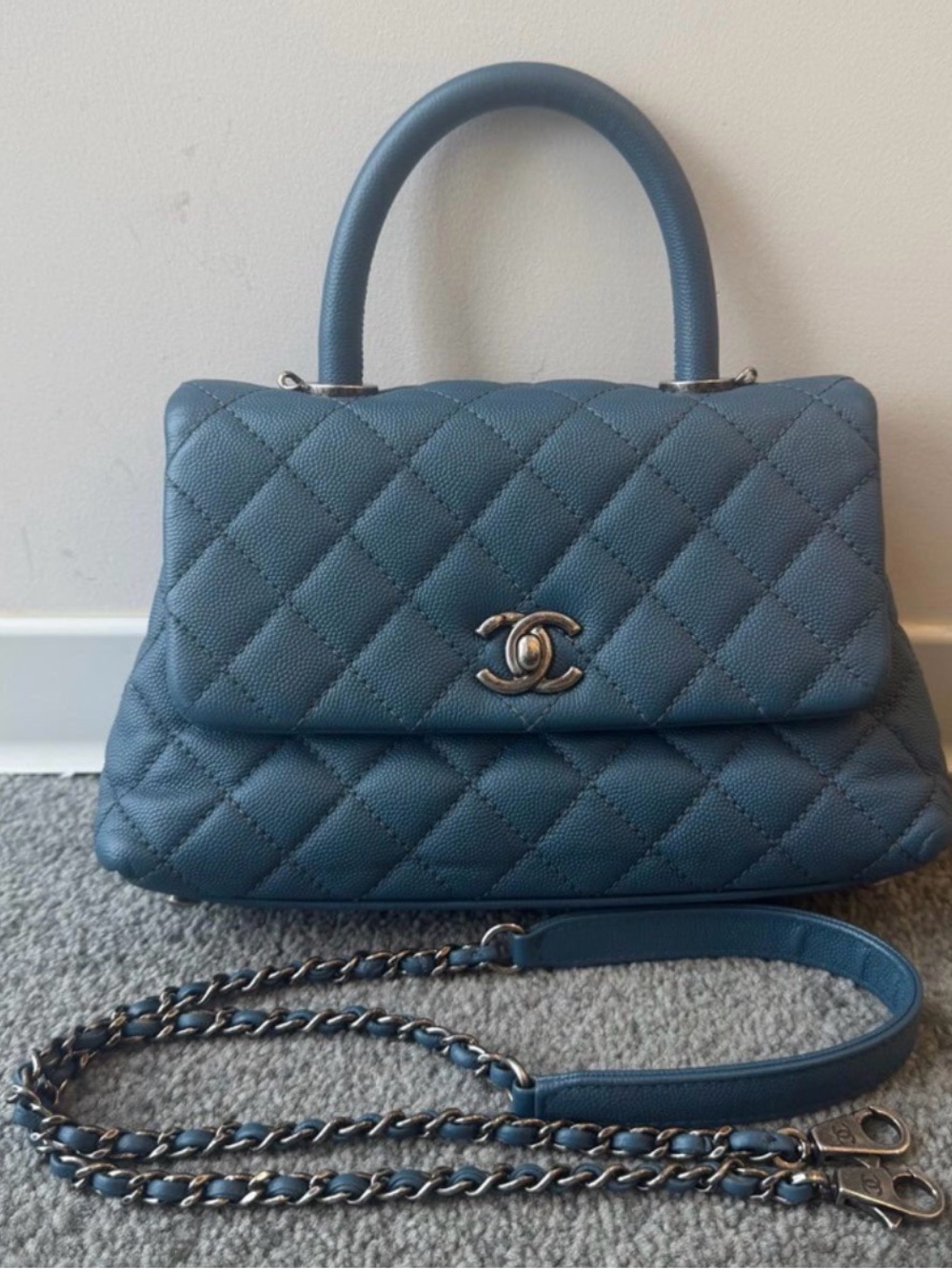 CHANEL Teal Quilted Top-Handle Satchel with Chain Strap